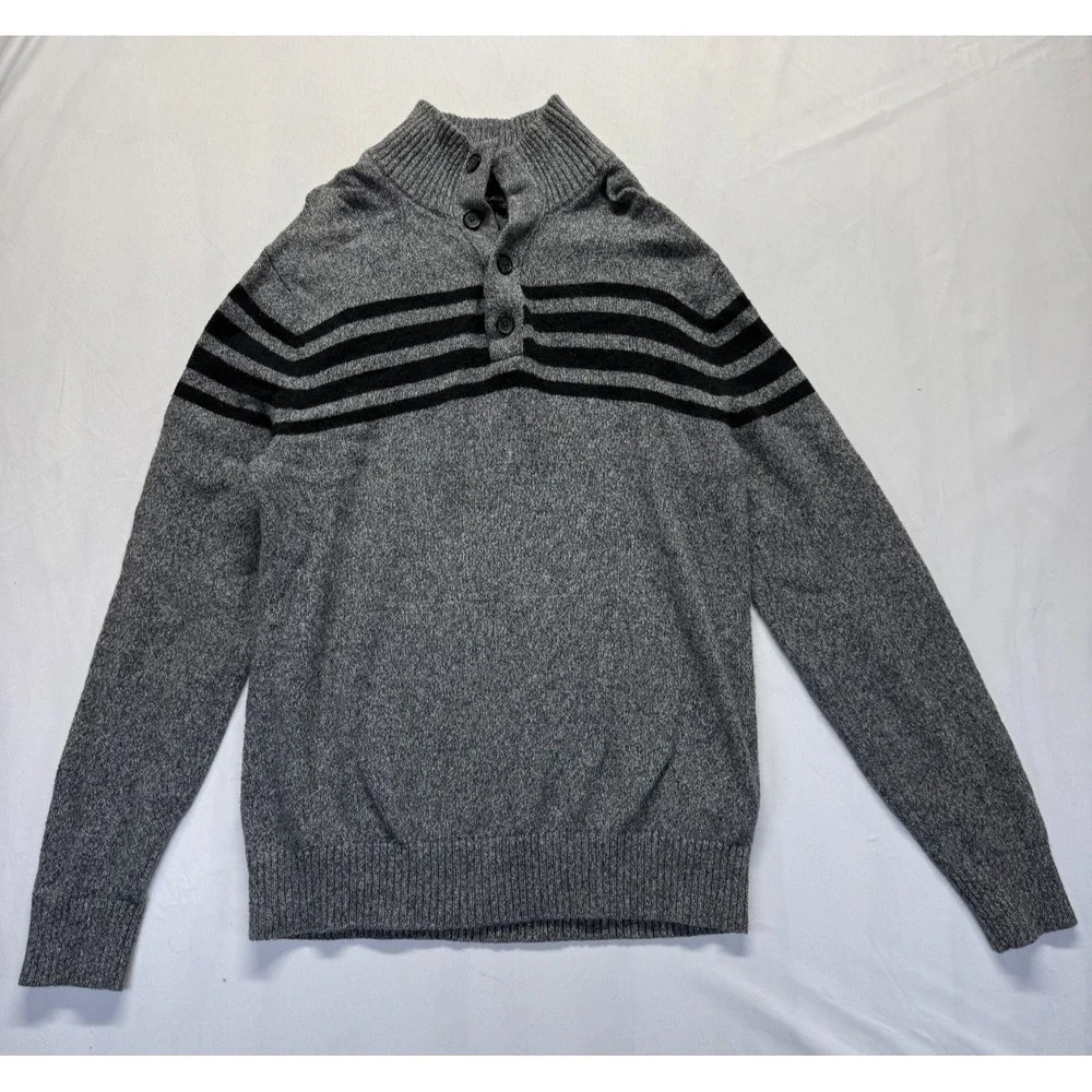 Banana Republic Sweater Mens‎ M Gray Black Striped Tight Knit Ribbed 1/4 Button